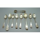 Eight silver spoons and a pair of silver sugar bows, 118g