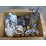 A silver plated tea set, Delft items, two tea pots including Gibson, a butter churn, etc. **PLEASE