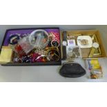 Two boxes of costume jewellery and miscellaneous items including a Seiko 7009-3070 wristwatch,