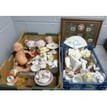 Two boxes of assorted items, tapestry, two framed hunting prints, roulette wheel, telephone, salt