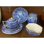 Ringtons blue and white ginger jar, fruit bowl and teapot, four Spode plates and two Booths' Real