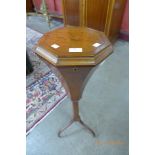 A Victorian inlaid satinwood octagonal lady's sewing box on a stand