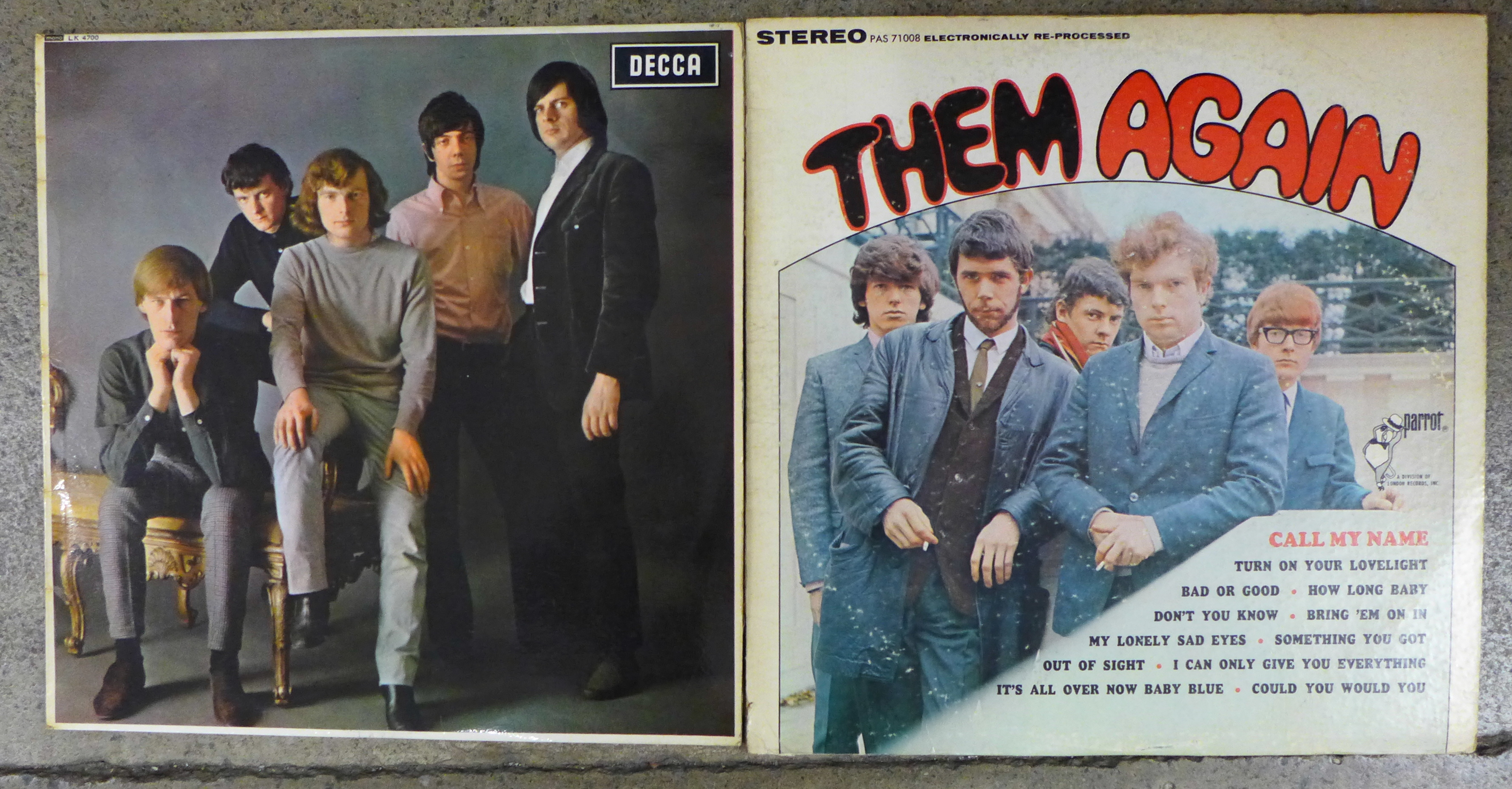 Them, two LP records, Them and Them Again, first pressing, LK4700 (Mono) ARL-6819-4A and PAS71008 (