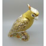A Royal Crown Derby Bird Paperweight, Citron Cockatoo, 13cm, gold stopper and red Royal Crown