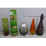 Five glass vases including one Holmegaard