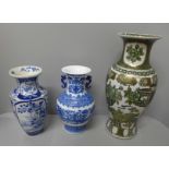 Three Chinese vases; one famille verte, two blue and white