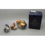 A Royal Crown Derby paperweight, Mandarin Duck, 12cm, gold stopper and red Royal Crown Derby stamp