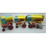 Three Corgi Toys Massey-Ferguson model tractors, 50, 57 and 66, boxes a/f, (57 lacking driver)