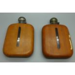 Two leather covered hip flasks with plated tops