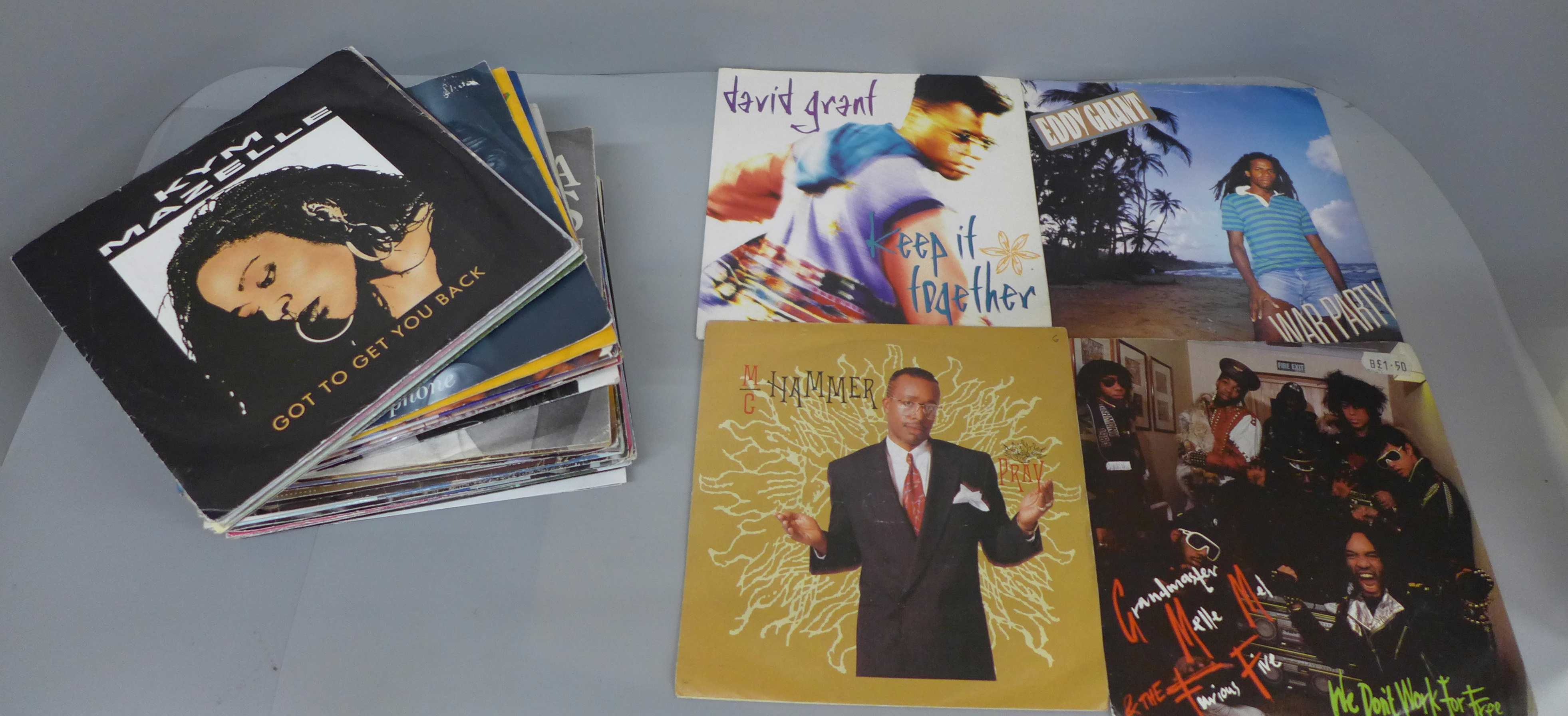 Forty 1980's and 1990's soul, funk, reggae, R n B 7" singles, picture sleeves