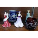 A blue and white jug, a ruby etched glass and three Coalport figures, two a/f