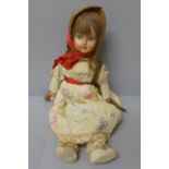 A continental straw filled bisque-head doll, 44cm