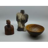 A small carved bust, J. Hall 1944, a carved wooden bowl and a sculpture