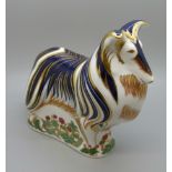 A Royal Crown Derby paperweight, Rough Collie, 15cm, gold stopper and red printed marks to the base