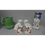 A Sylvac squirrel jug, two pairs of Staffordshire style dogs and a Toby jug