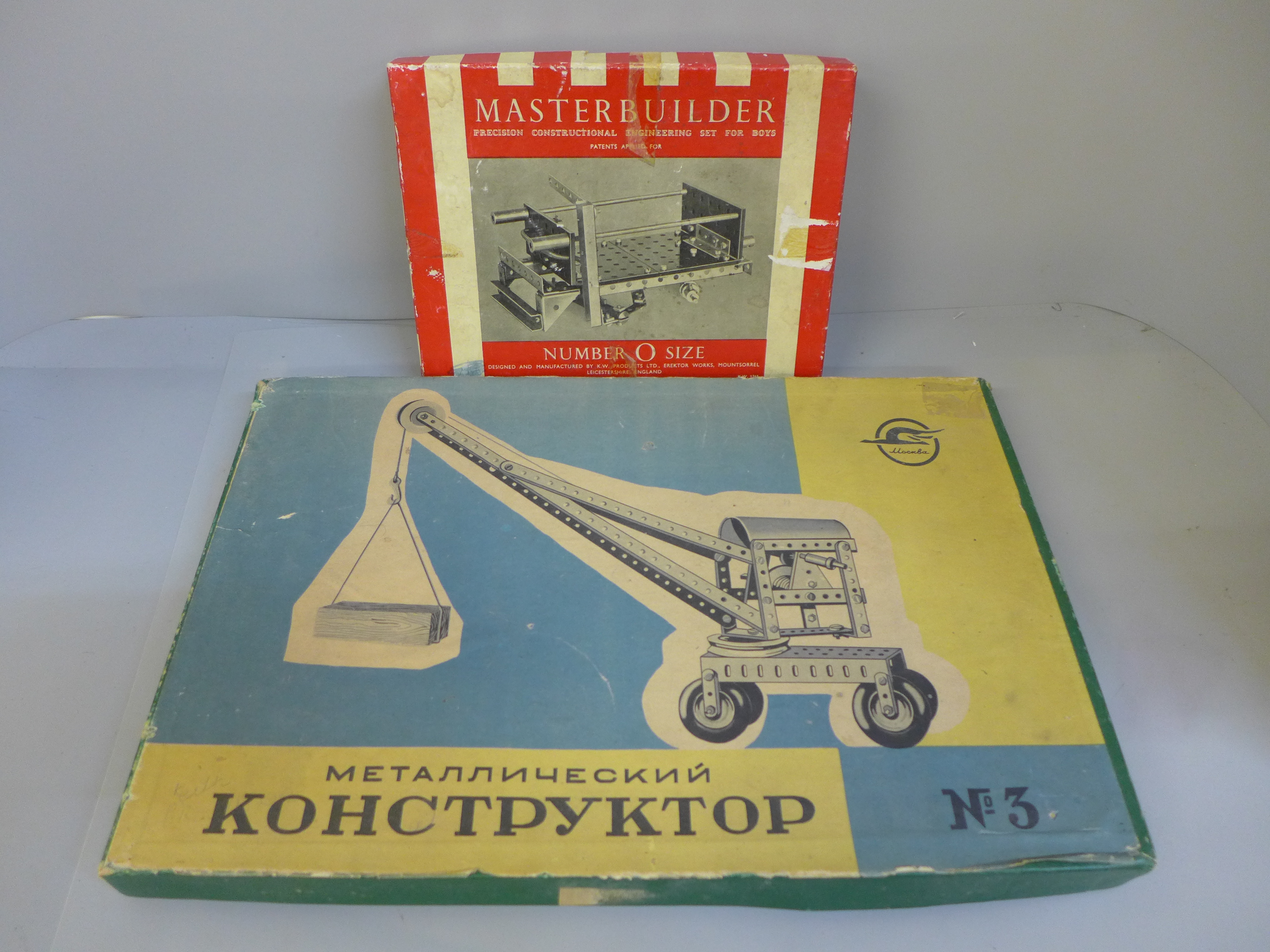 A Russian model crane and a Masterbuilder set, boxed