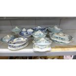 Six Staffordshire vegetable dishes and covers, one with ladle, and a collection of blue and white