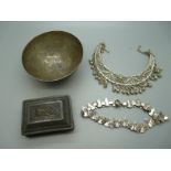 A Victorian white metal collar, a filigree box, an Eastern white metal bowl and an Eastern white
