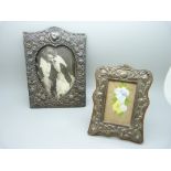 Two silver photograph frames, (larger 14cm wide and lacking back stand, smaller a/f worn with