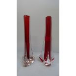 Two Whitefriars glass vases, tri-corn cased in ruby, Geoffrey Baxter 1957/1965, 24.5cm