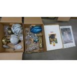 Two boxes of assorted items including touch lamps, glassware and other decorative items and three