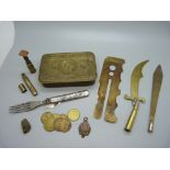 Trench art, a Christmas tin, Royal Arsenal Co-operative Society tokens, etc.