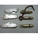 Three military pocket knives, each with broad arrow, 1945, 1954 and 1955, one other multi-knife