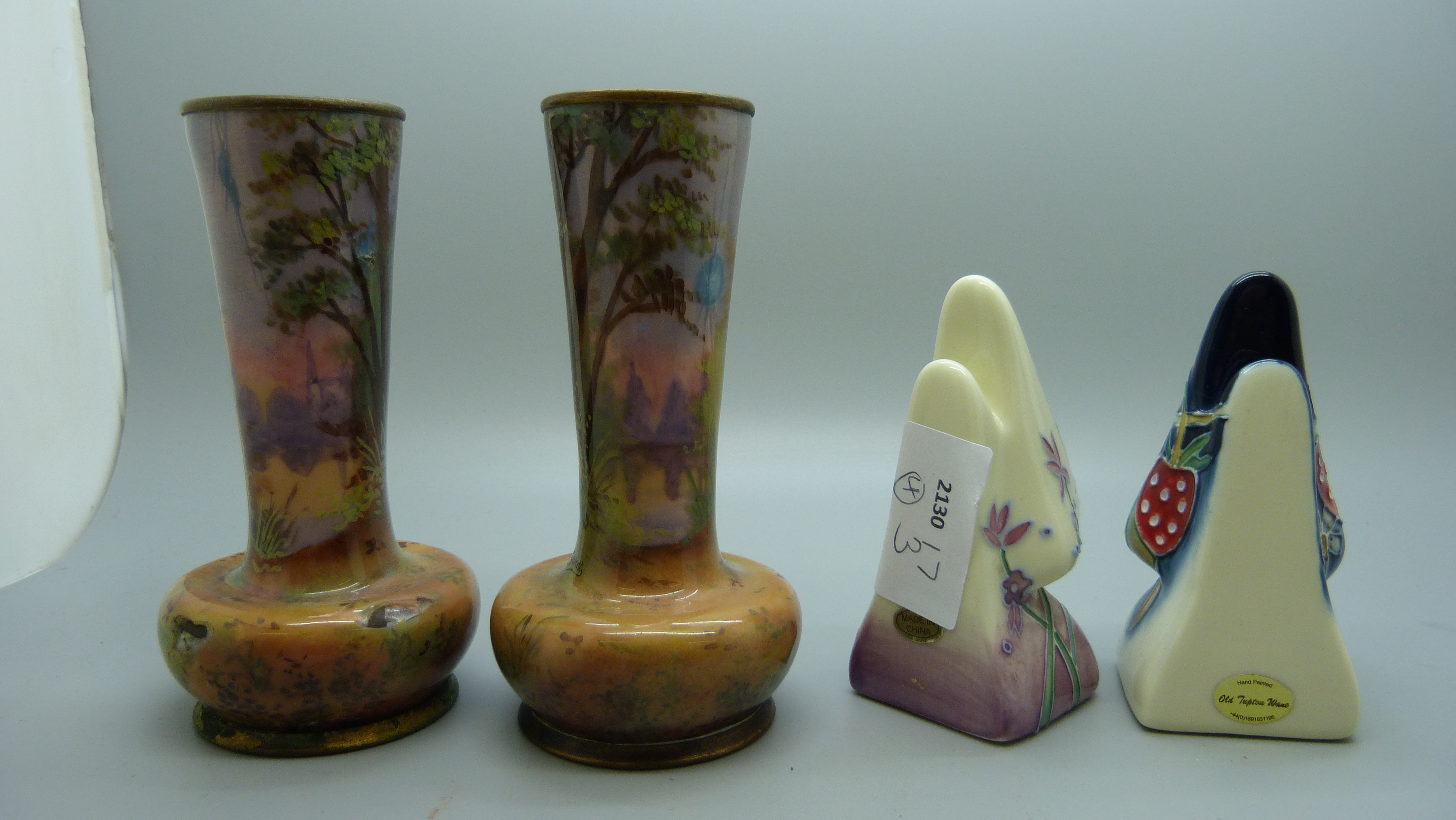 A pair of small French enamel on copper posy vases signed Gamet and a pair of Old Tupton Ware - Image 2 of 3