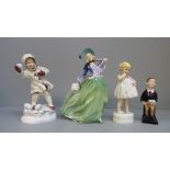 Four figures; Royal Worcester figure December, Only Me, Royal Doulton Autumn Breezes and Oliver