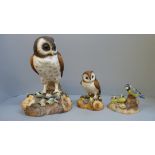 Two Royal Crown Derby Brown Owl figures and a Blue Tits and Chicks figure (3)
