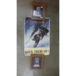 A "Back Them Up" Hurricane print and two framed reproduction medals