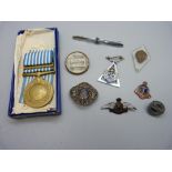 An enamelled Royal Flying Corps RFC badge, enamel a/f, a RAF propeller brooch, a Korea medal, etc.