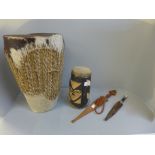 Two African animal hide drums and two knives
