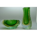 Two Murano Somerso items, an ashtray and a vase, both chipped