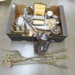 Metalware; fire irons, fire dogs, a plated tea service, etc.**PLEASE NOTE THIS LOT IS NOT ELIGIBLE