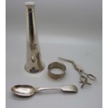 A silver napkin ring, a/f, a pair of novelty scissor nips, a flask and a spoon