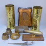 A quantity of trench art, Christmas 1914 tin, model torpedo, picture frame, etc.