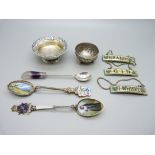 A Tiffany silver salt, three enamelled spirit labels, a Maltese enamelled 800 silver spoon, a silver