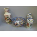 A pair of Japanese vases, a Chinese vase and a Chinese bowl