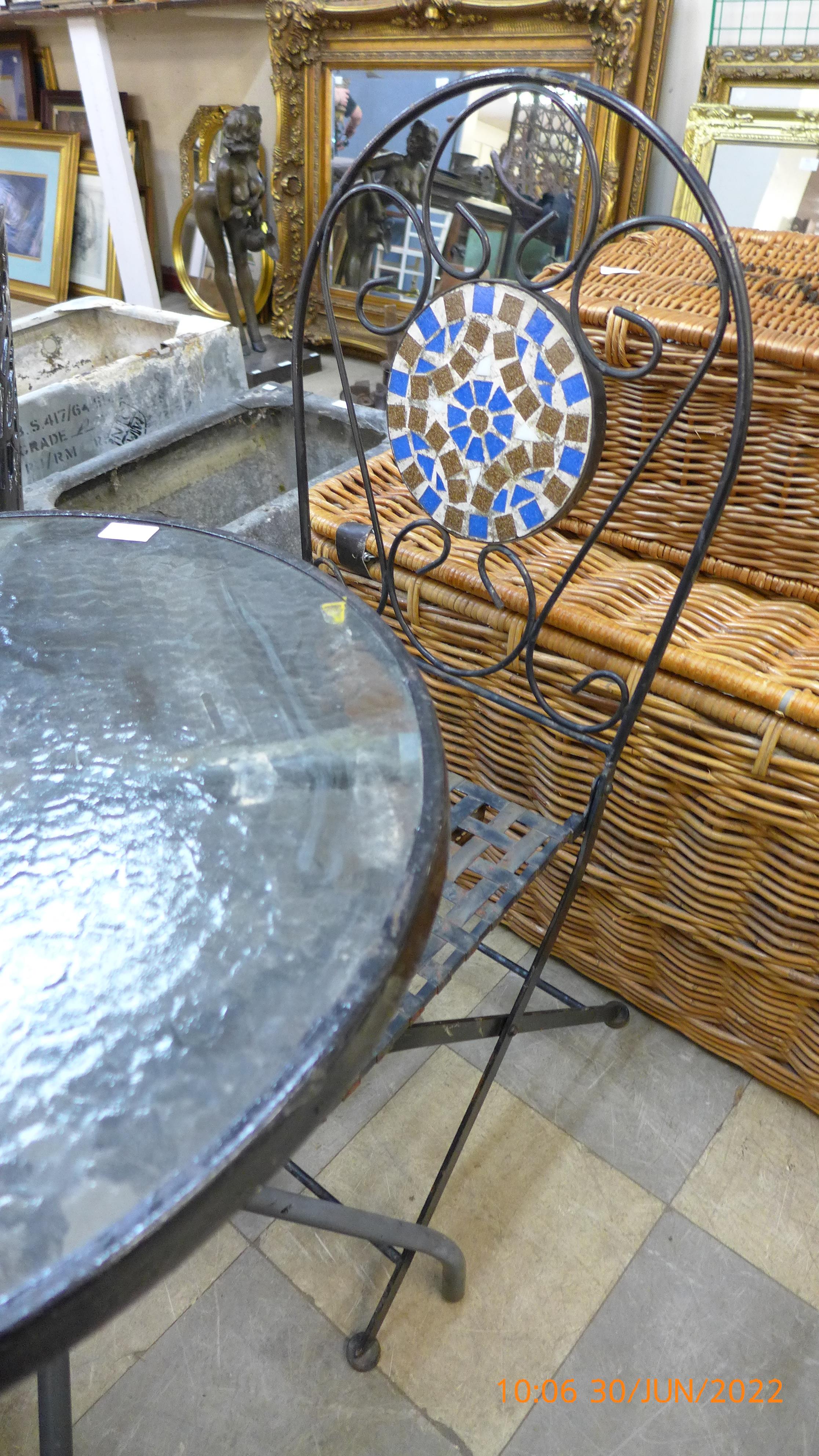 A circular metal and glass garden table and two chairs - Image 2 of 3