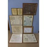 Two 17th Century Robert Morden engraved maps, Darbyshire, Leicestershire and seven others