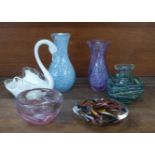 Six items of studio glass; an Isle of Wight bowl from pink strap swirl range, 1974, a M'dina