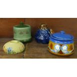 Two tobacco jars, Landley Pottery and Lovatts Langley, a Lovatts match striker and a studio