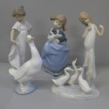 Two Nao/Lladro figures of geese and three figures of young girls including one with microphone (