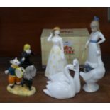 Six figures; Royal Doulton Susannah, Royal Doulton Rupert Characters Banging on His Drum, two Nao,