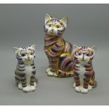 Three Royal Crown Derby paperweights, Cat, 13.5cm and two Kittens, decorated in the Imari palate,