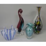Four items of Murano style glass; a handkerchief vase in the manner of Venini, a Sommerso duck and