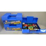 67 die-cast model vehicles, mostly Matchbox in three Matchbox carry cases