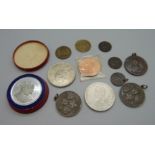 An Edward VII Coronation medal, boxed, three Motorcycling Club medallions, coins, etc.