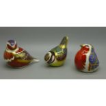 Three Royal Crown Derby bird paperweights; Robin and Blue Tit with gold stoppers and a Chaffinch